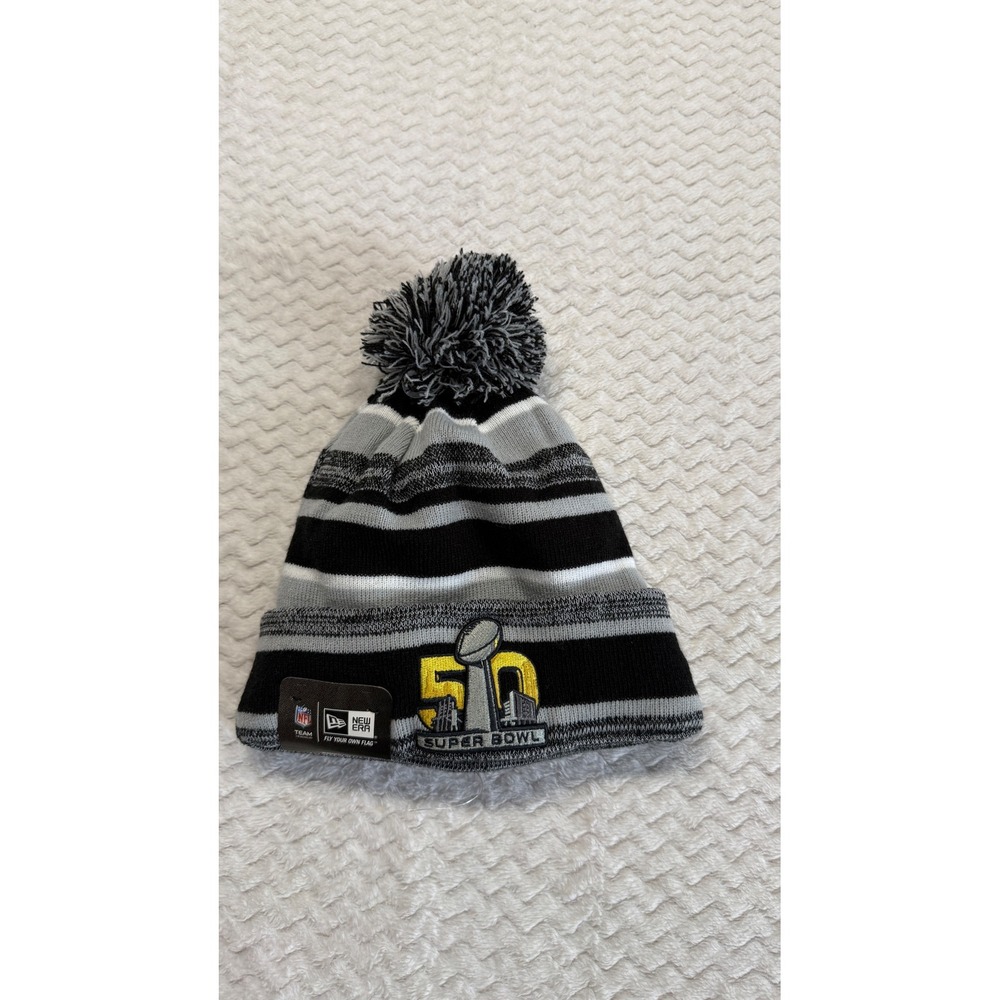 New Era NFL Super Bowl 50 Sport Knit Beanie Hat Black Grey Striped Fleece Lined